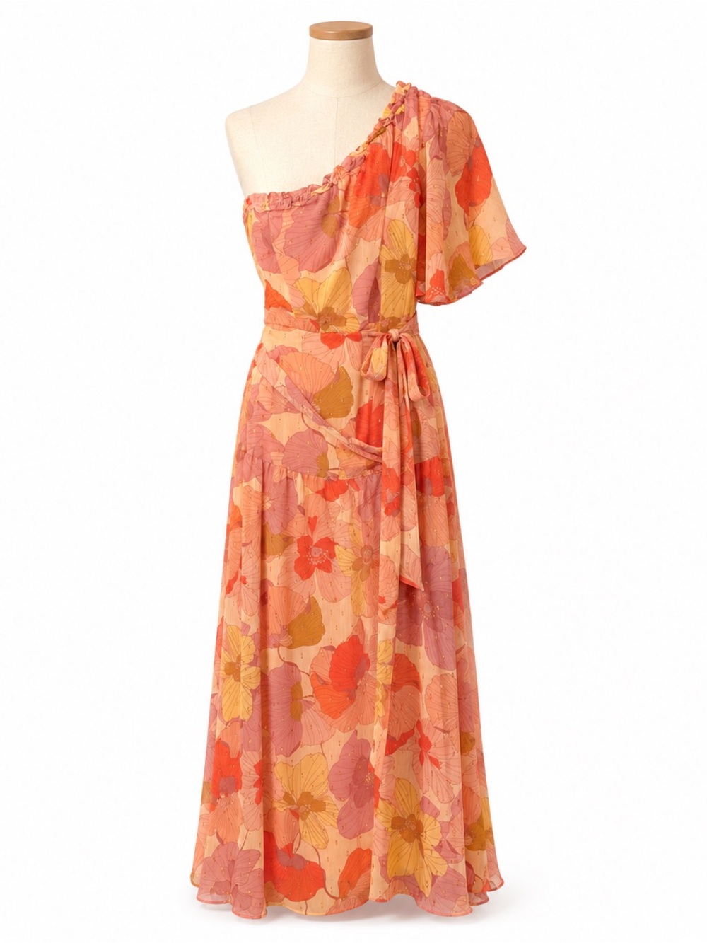 Taylor Size 6 Floral One Shoulder Maxi Dress 70s Retro Tropical Formal